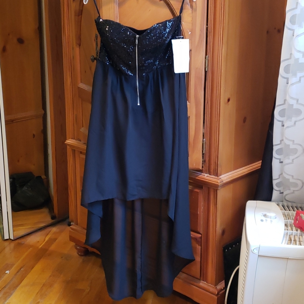 NWT, black strapless dress high low